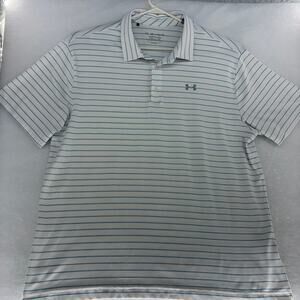 Under Armour Playoff Polo XXL White Blue Stripe Golf HeatGear Mens Shirt